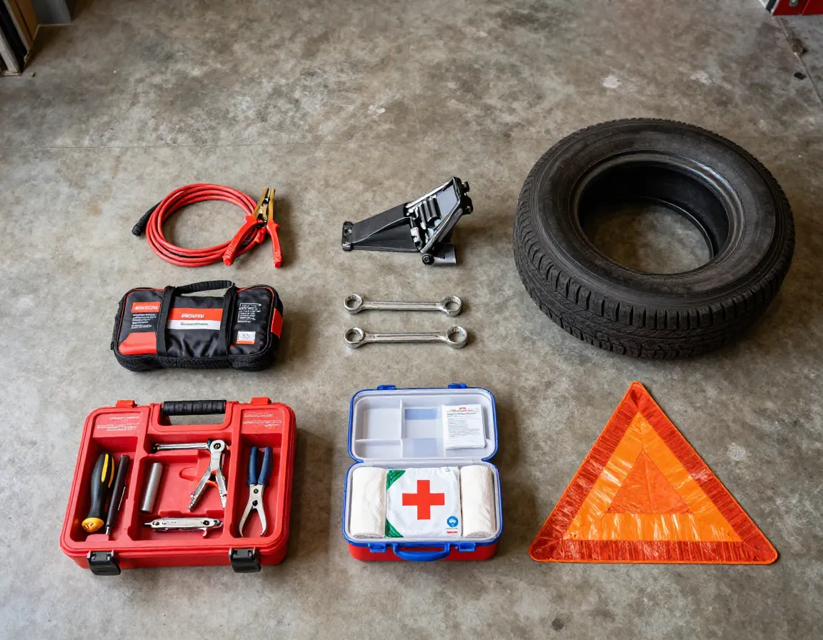 Emergency road kit and first aid supplies laid out on a garage floor