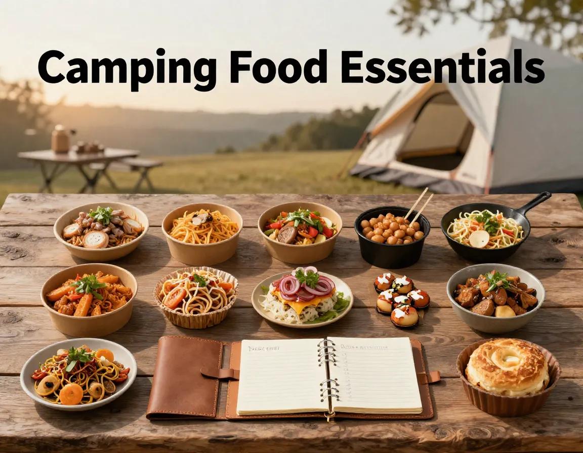 Essential camping food groups rustic wooden surface notebook checklist