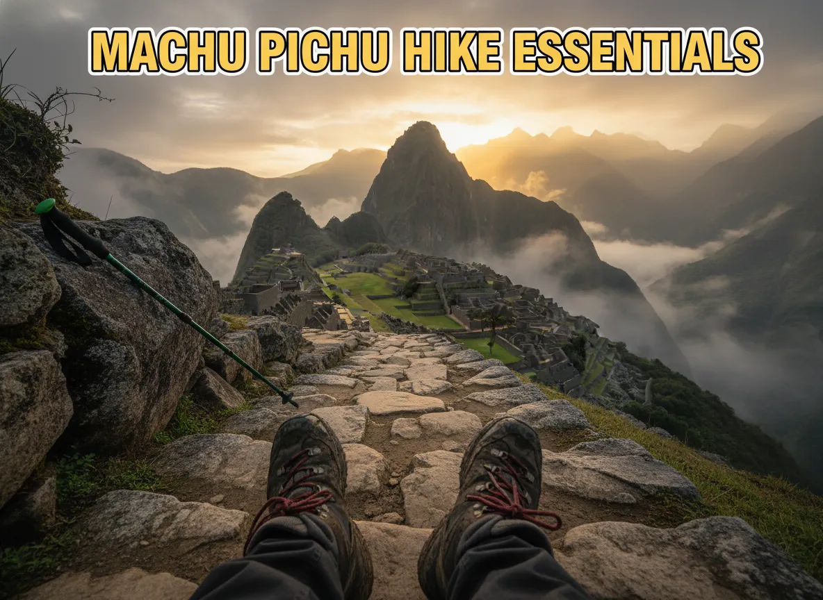 Hiker boots stone path machu picchu mist golden light trekking pole