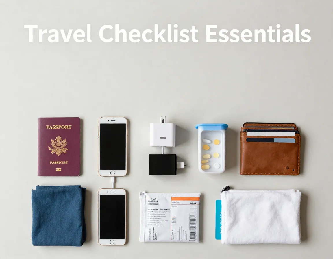 Travel checklist essentials flat lay nine items organized table