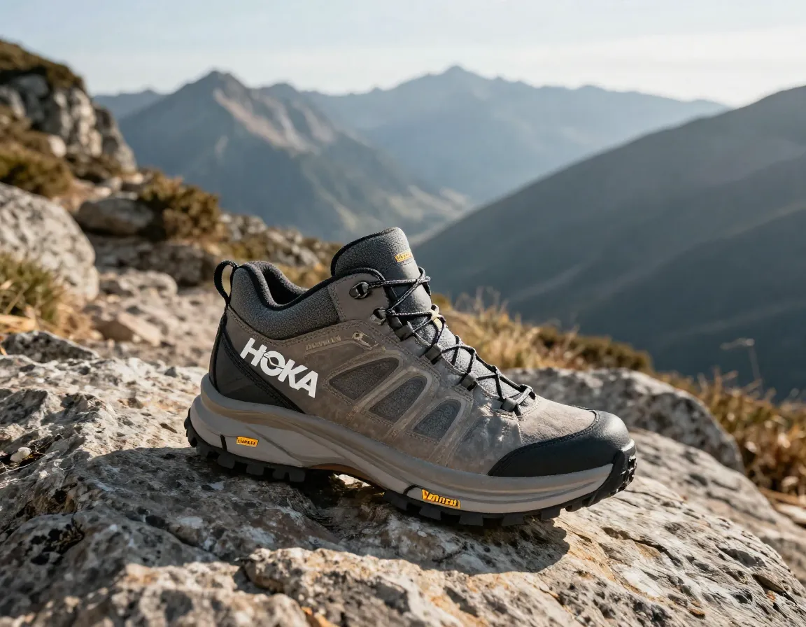 Hoka kaha 3 gtx premium hiking boot on a rugged trail with scenic view