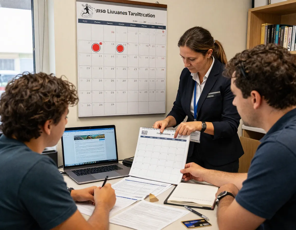 Tourists with guide reviewing permits on calendar in office