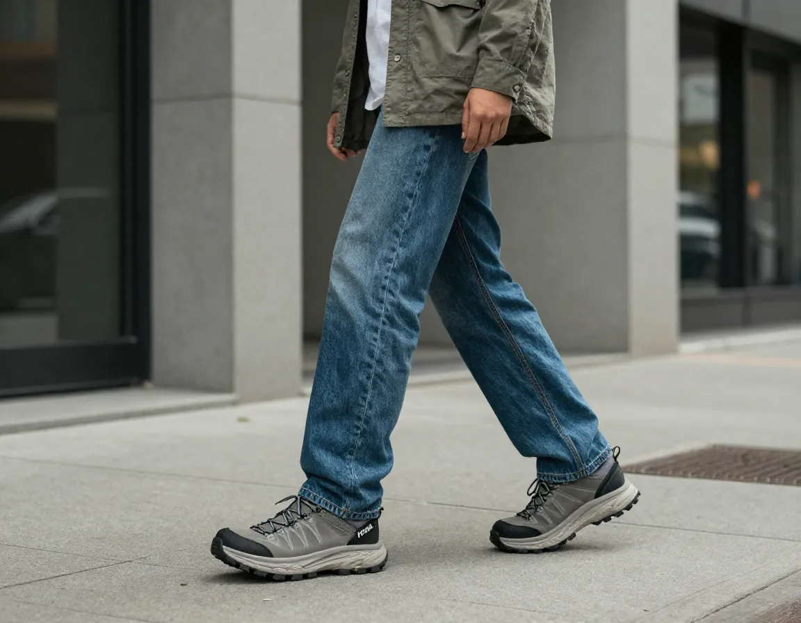 Hoka anacapa 2 hiking boot with straight leg denim and overshirt