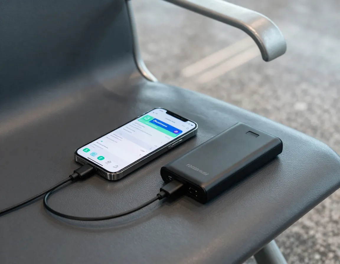 Smartphone connected to power bank with charging cable on airirport seat