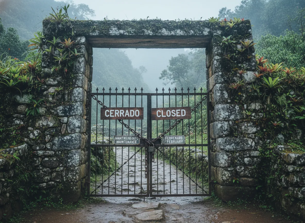 Closed sign on inca trail gate during february maintenance month