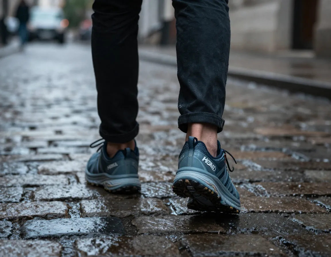 Hoka transport hike gtx sneaker style boot on urban cobblestones