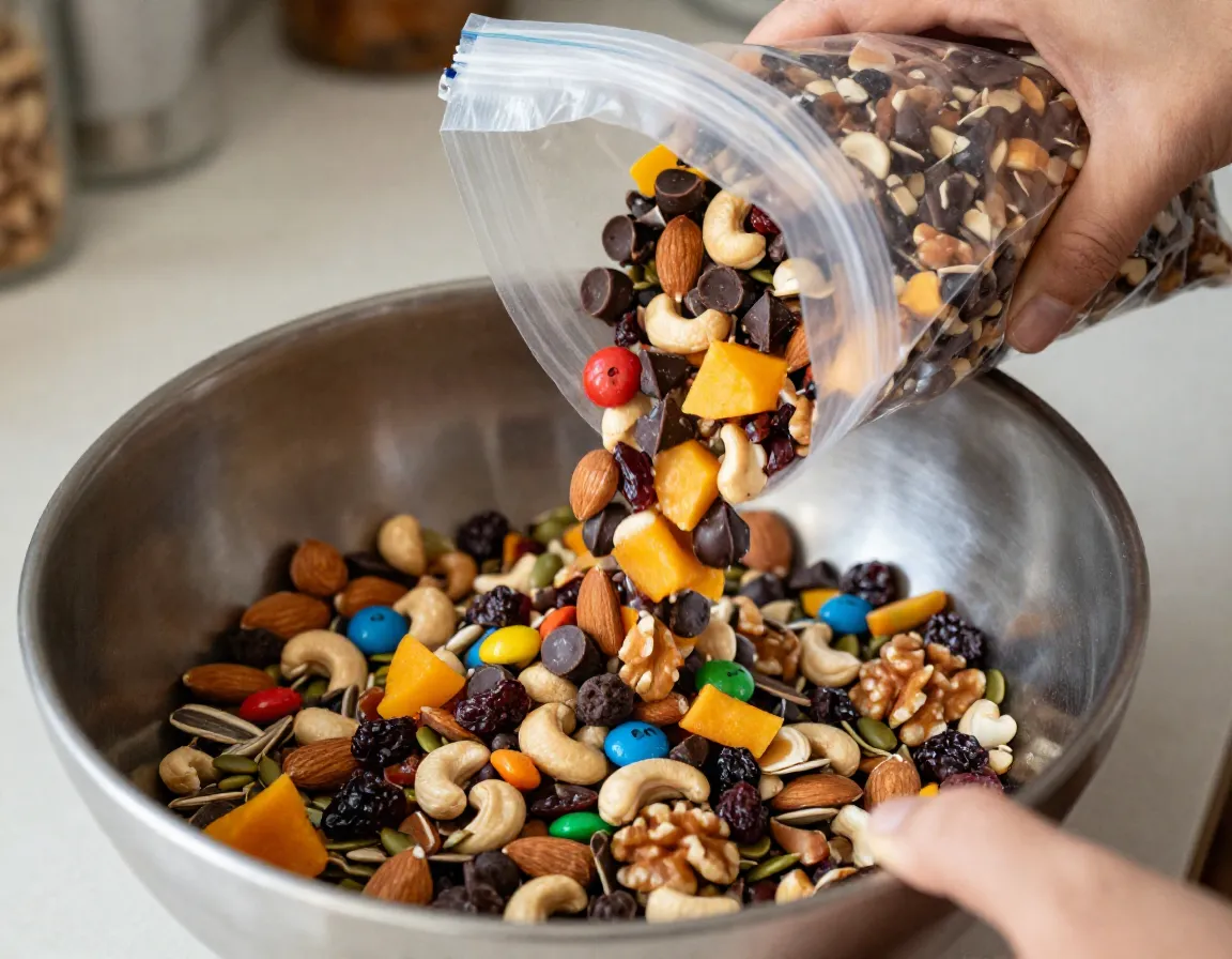 Homemade trail mix nuts dried fruit dark chocolate bag