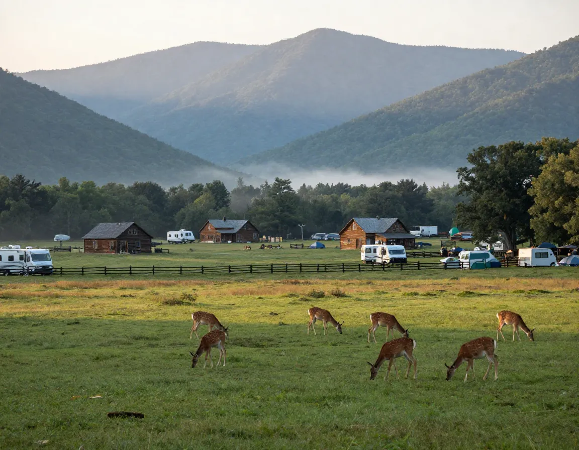 Open valley campground with deer grazing near historic homestead
