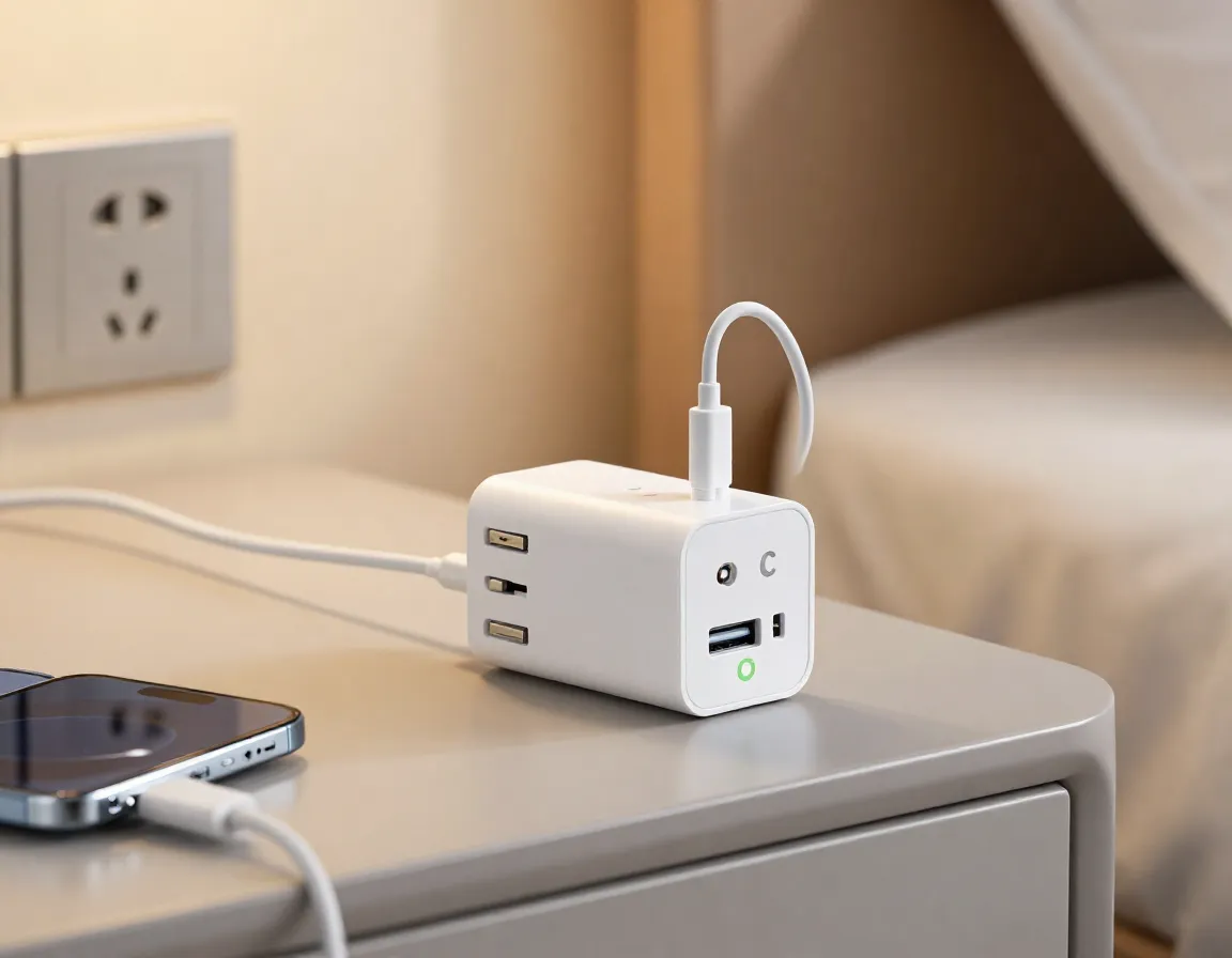 Universal travel adapter with multiple plug types on hotel nightstand