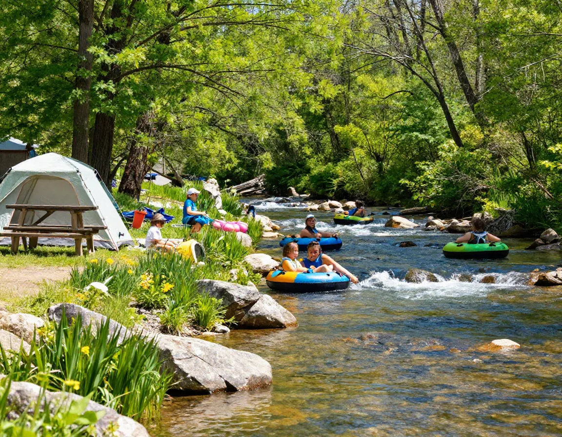 Campsite beside a clear creek with people tubing downstream