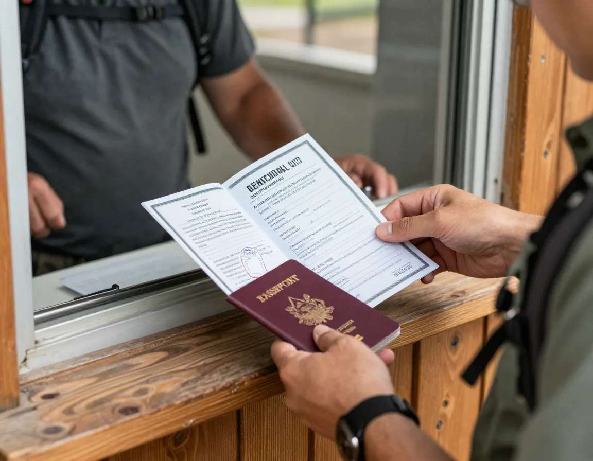 Hiker showing medical certificate and passport at checkpoint