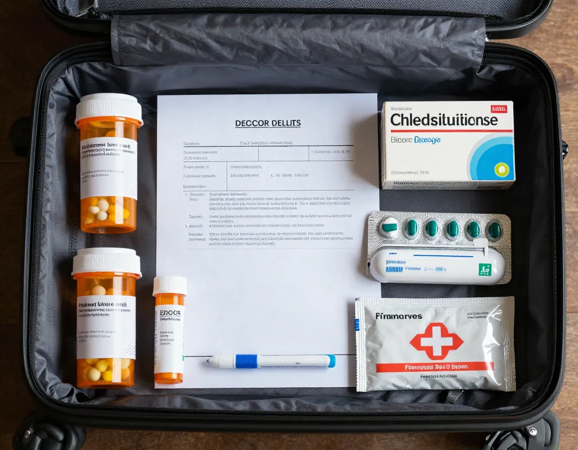 Prescription medication bottles and doctor letter on carry on luggage