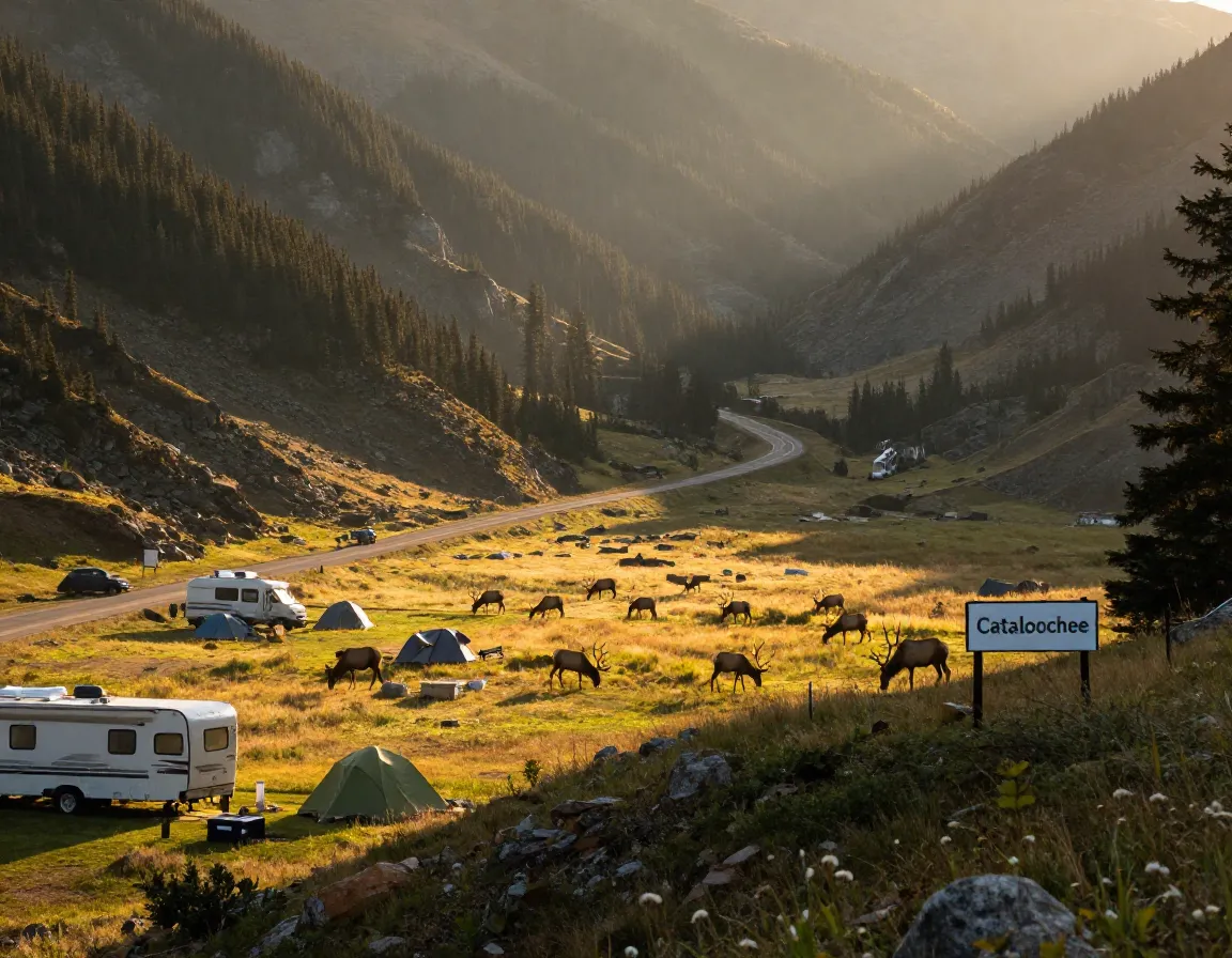 Remote mountain valley campground at dusk with grazing elk