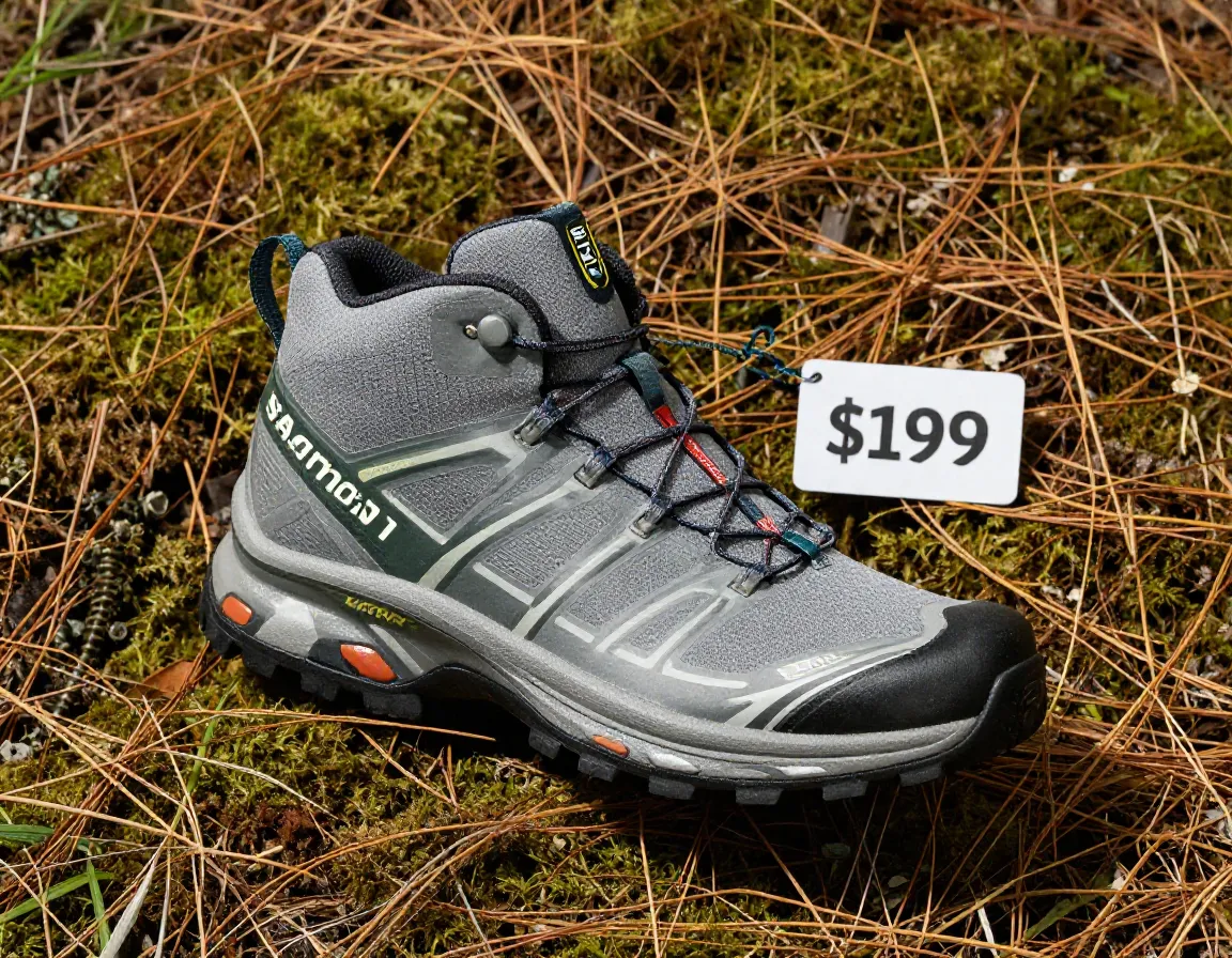 Salomon x ultra 5 mid gore tex boot on a forest floor with price tag