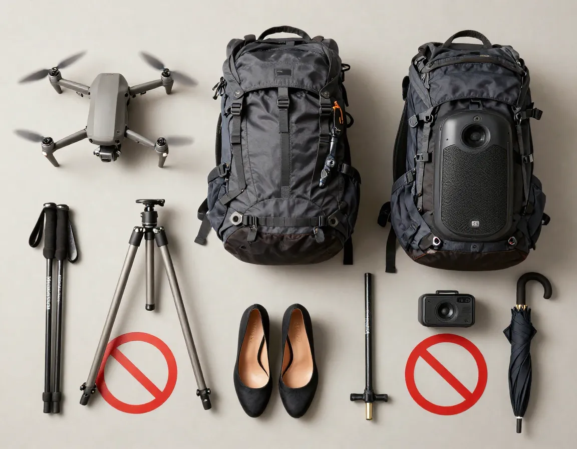 Collection of banned items for machu picchu on inspection table