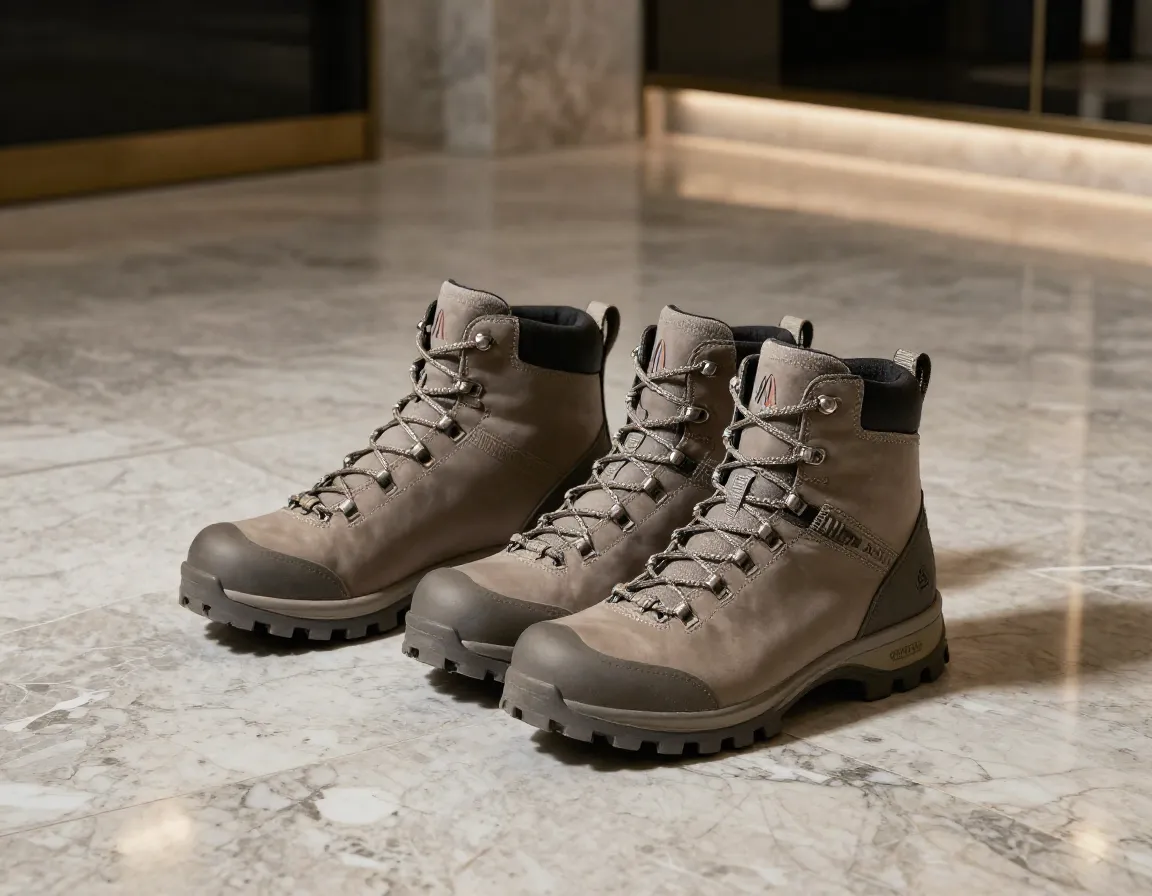 Moncler taupe peka camp boots on a luxury interior marble floor