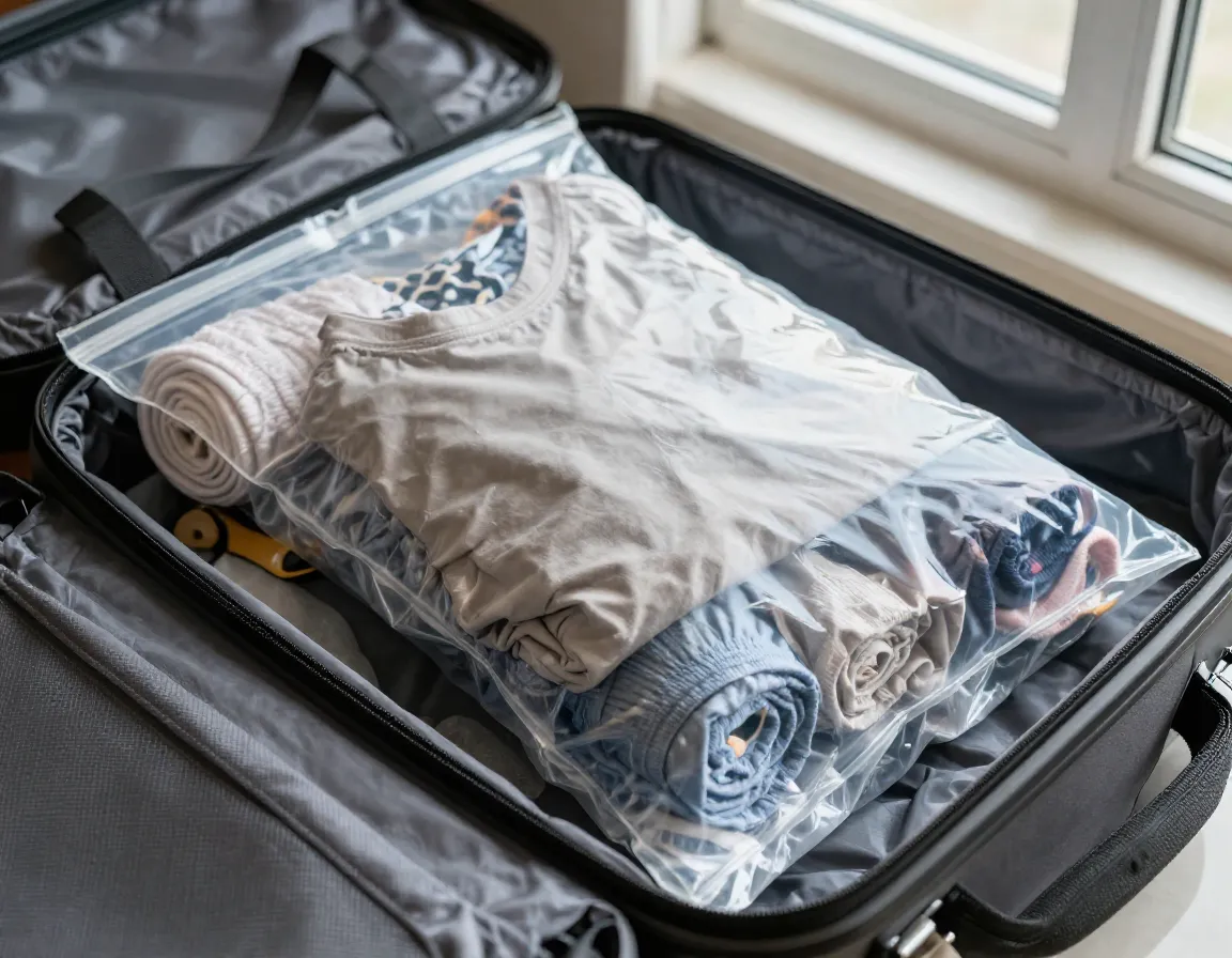 Rolled change of clothes packed in compression bag inside carry on
