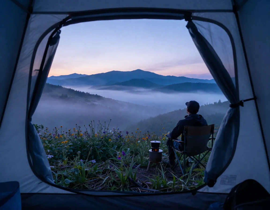 High elevation campground with cool misty sunrise over mountain range