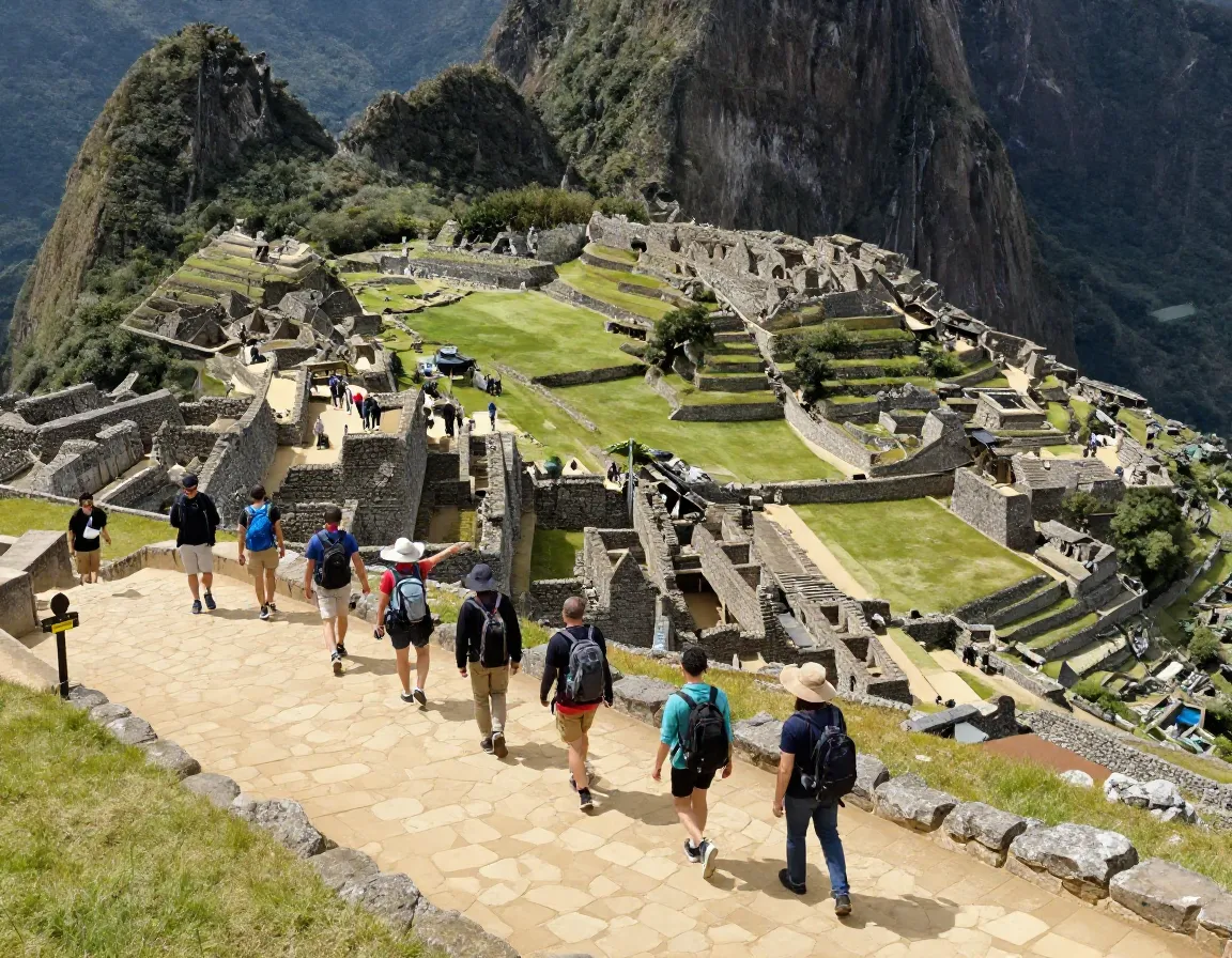 Hikers following guide on designated stone path through citadel