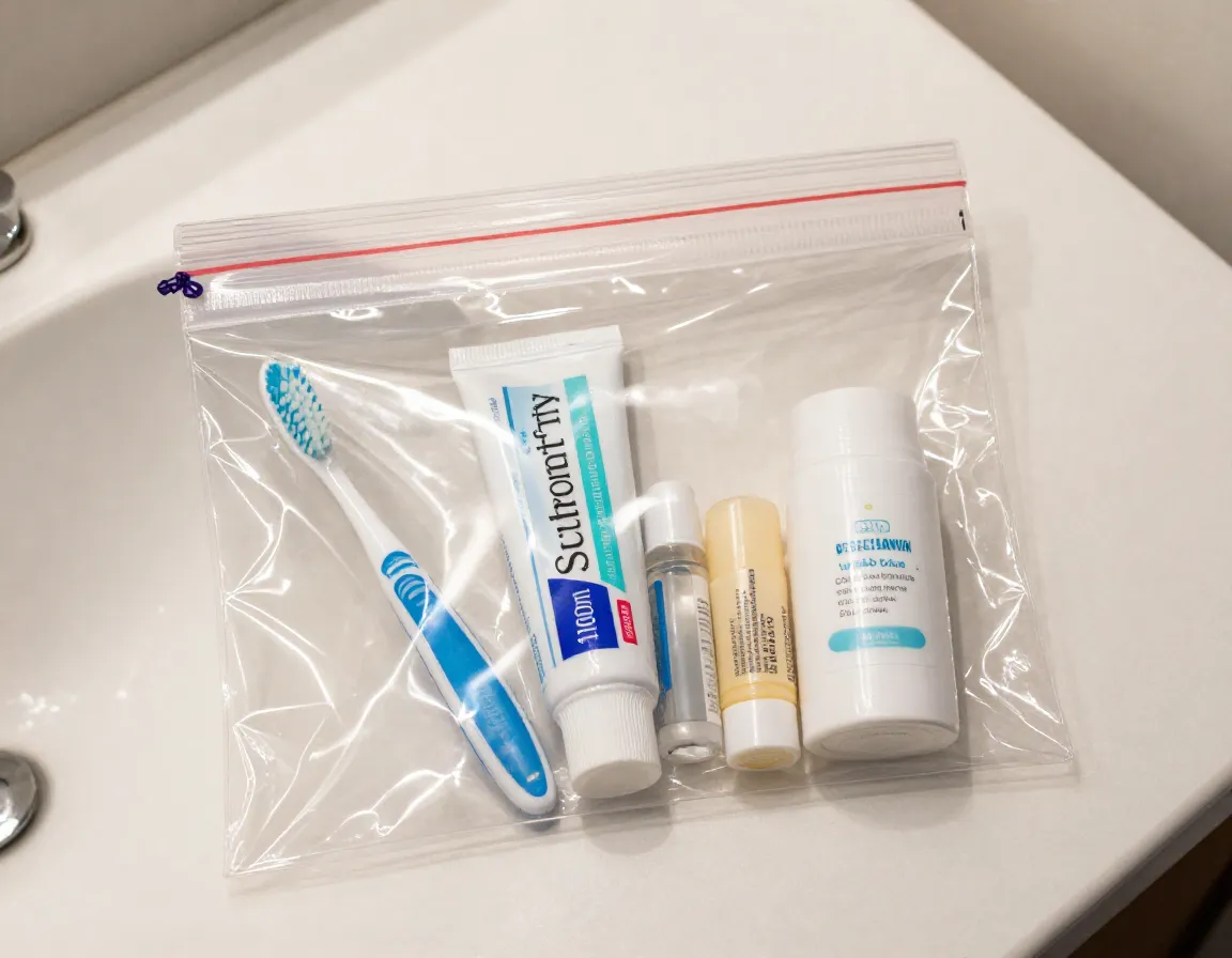 Travel sized toiletries in clear quartz zip top bag for airport security