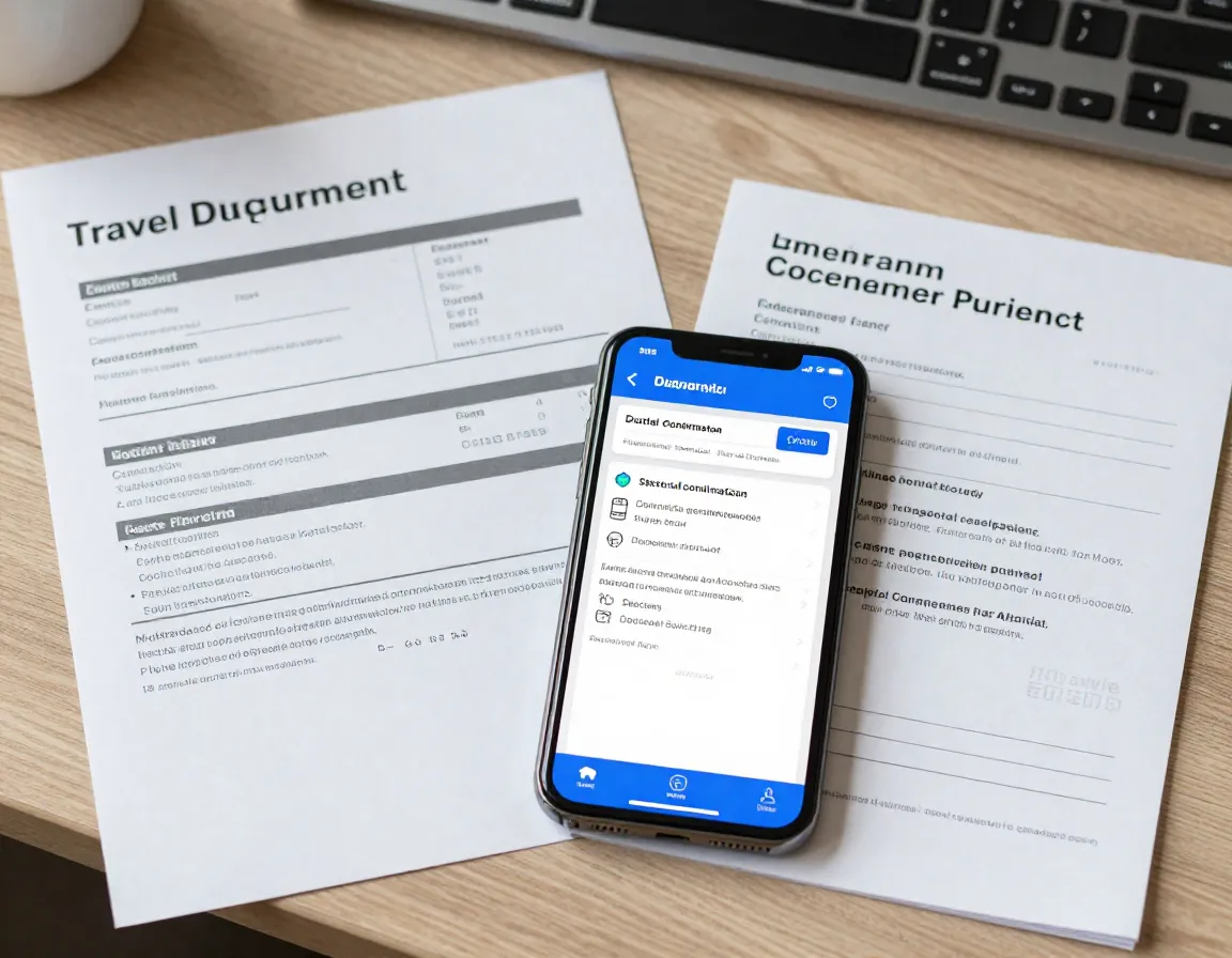 Printed travel documents and smartphone with digital confirmations open
