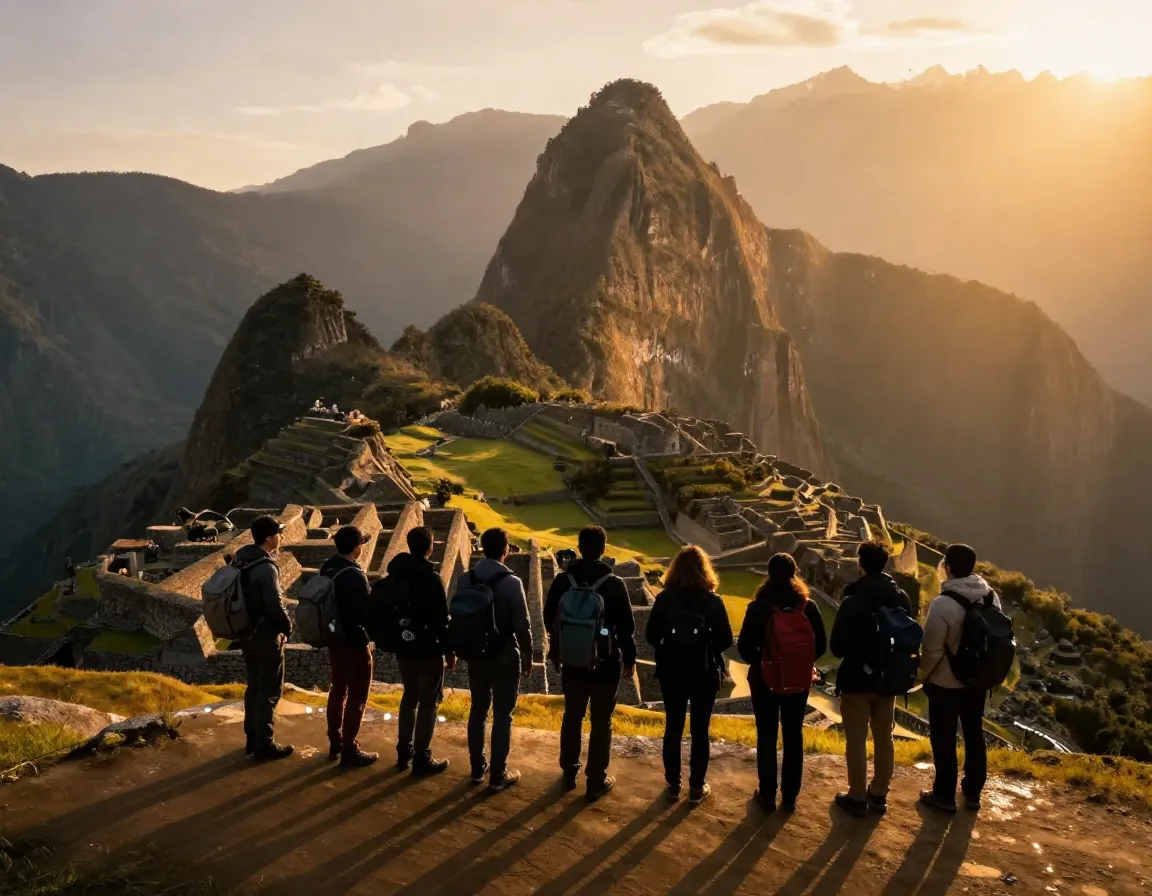 Group watching sunrise over machu picchu from sun gate at dawn