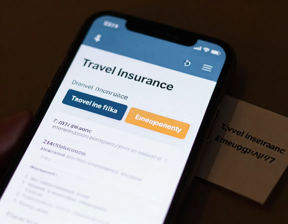 Smartphone screen showing travel insurance policy details and emergency number
