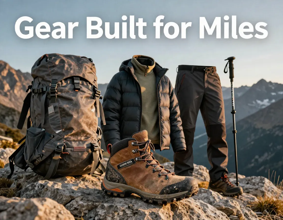 Mud boot gear array backpack jacket trail alpine rugged