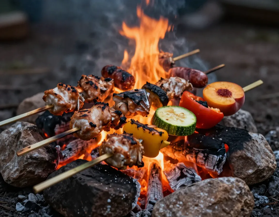 Grilling meats vegetables over hot embers with sticks and rocks