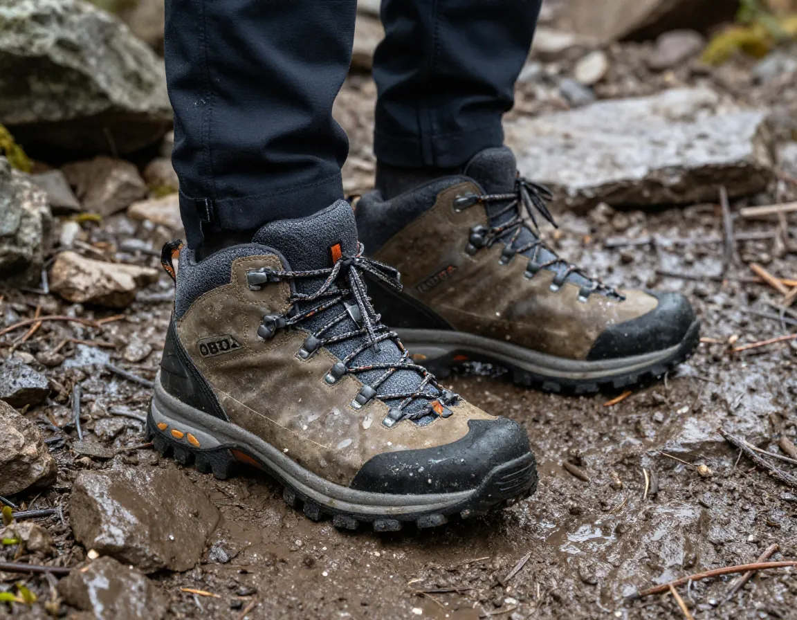 Oboz waterproof hiking boots on rocky muddy trail terrain