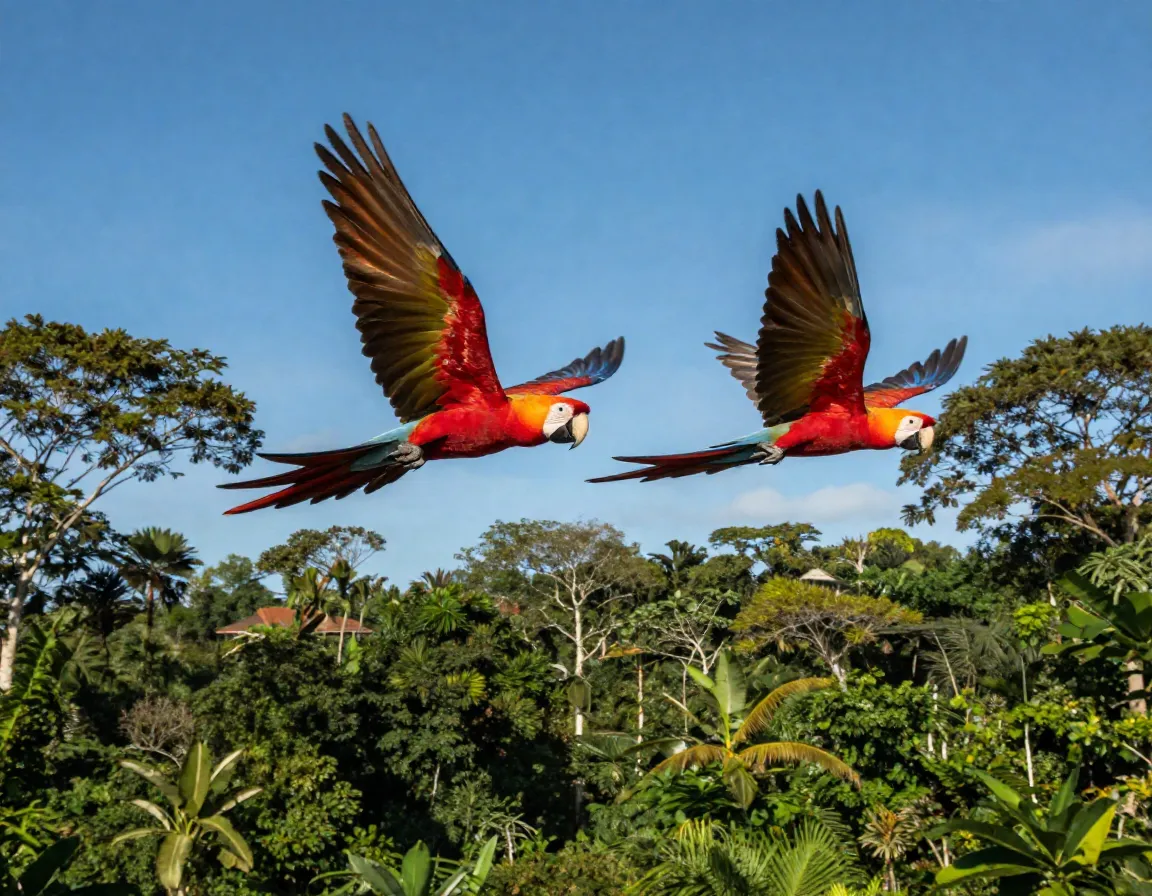 Pair of scarlet macaws flying over tropical forest canopy