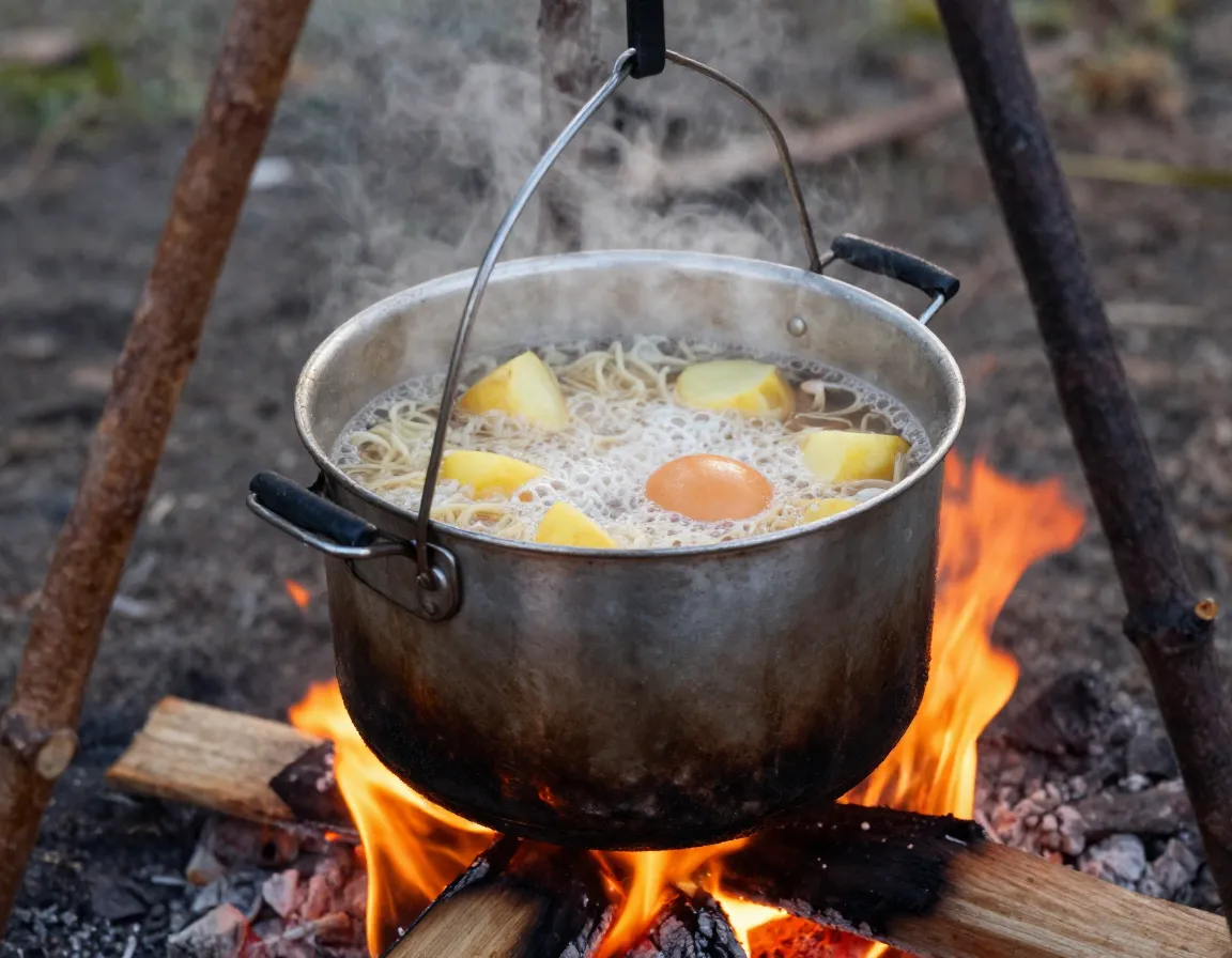Stainless steel pot boiling pasta rice eggs over campfire