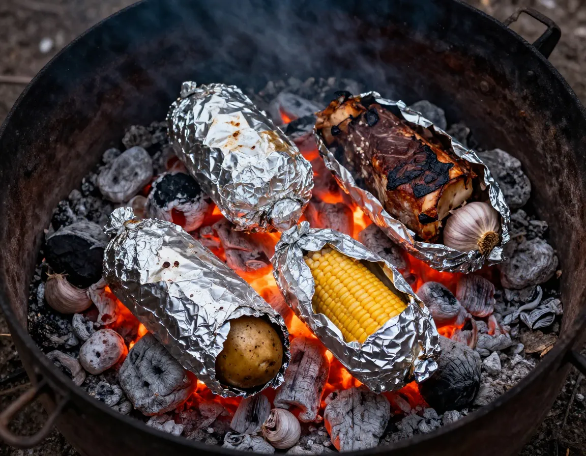 Foil wrapped potato corn meat roasting in campfire coals