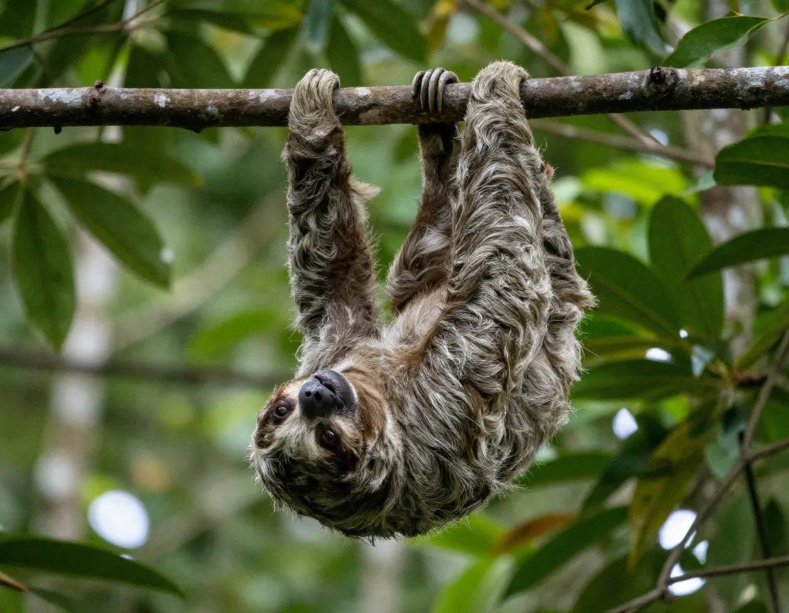 Three toed sloth hanging upside down in cecropia tree
