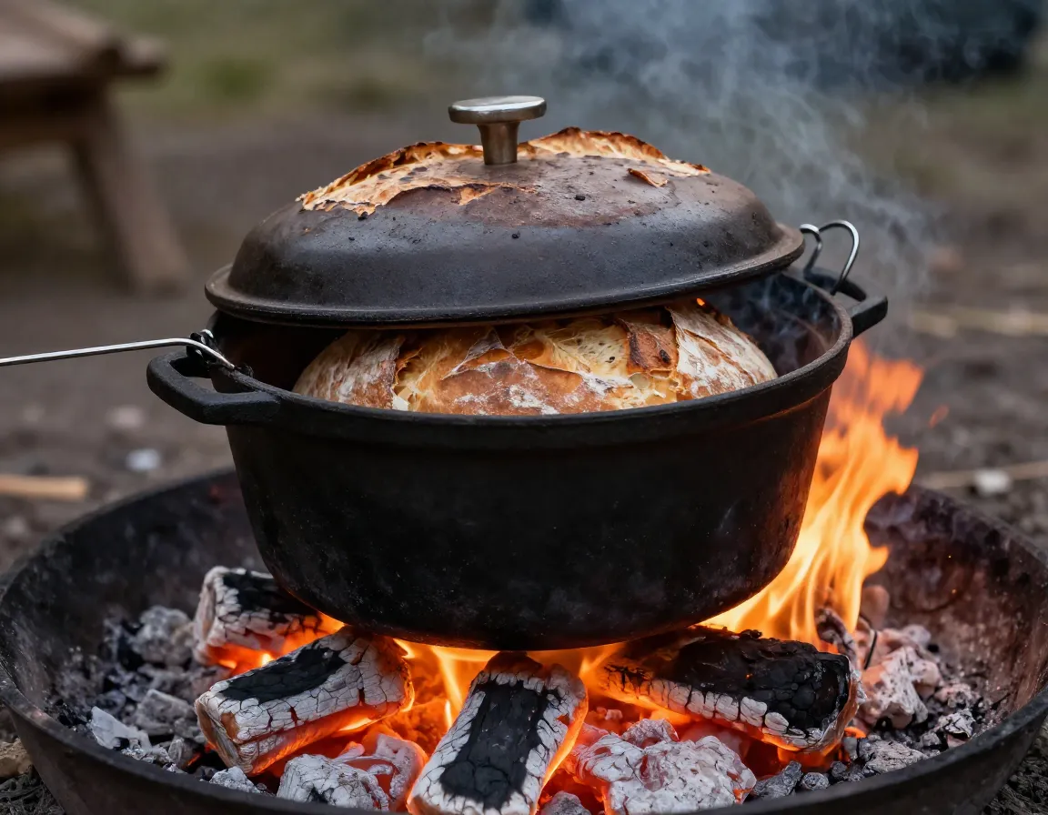 Cast iron dutch oven baking bread with coals on lid