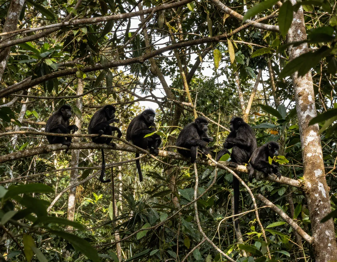 Mantled howler monkey troop resting in upper canopy