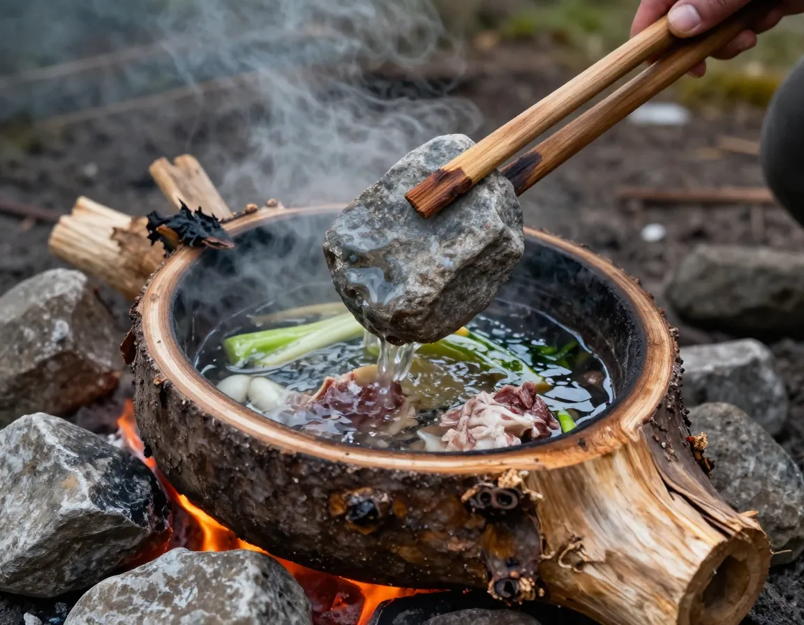 Hot rocks boiling water in bark bowl for primitive cooking