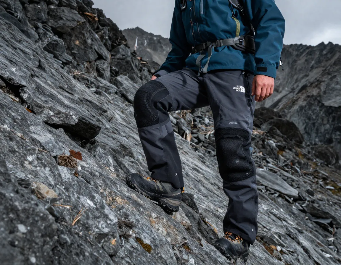 North face waterproof bibs with reinforced knees on rocky alpine terrain