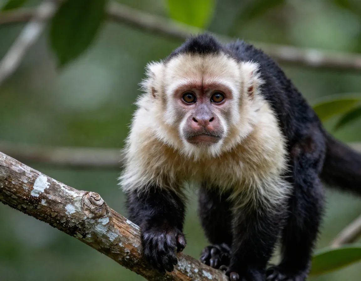 White faced capuchin monkey observing from tree branch