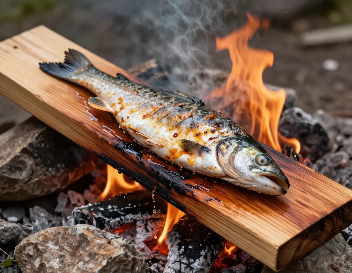 Fish fillet cooking on cedar plank over campfire flames