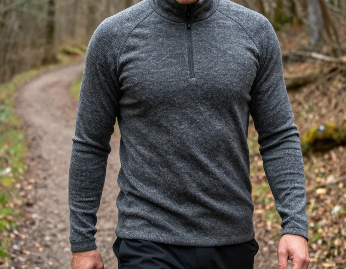 Merino wool base layer worn in warm cold hiking conditions