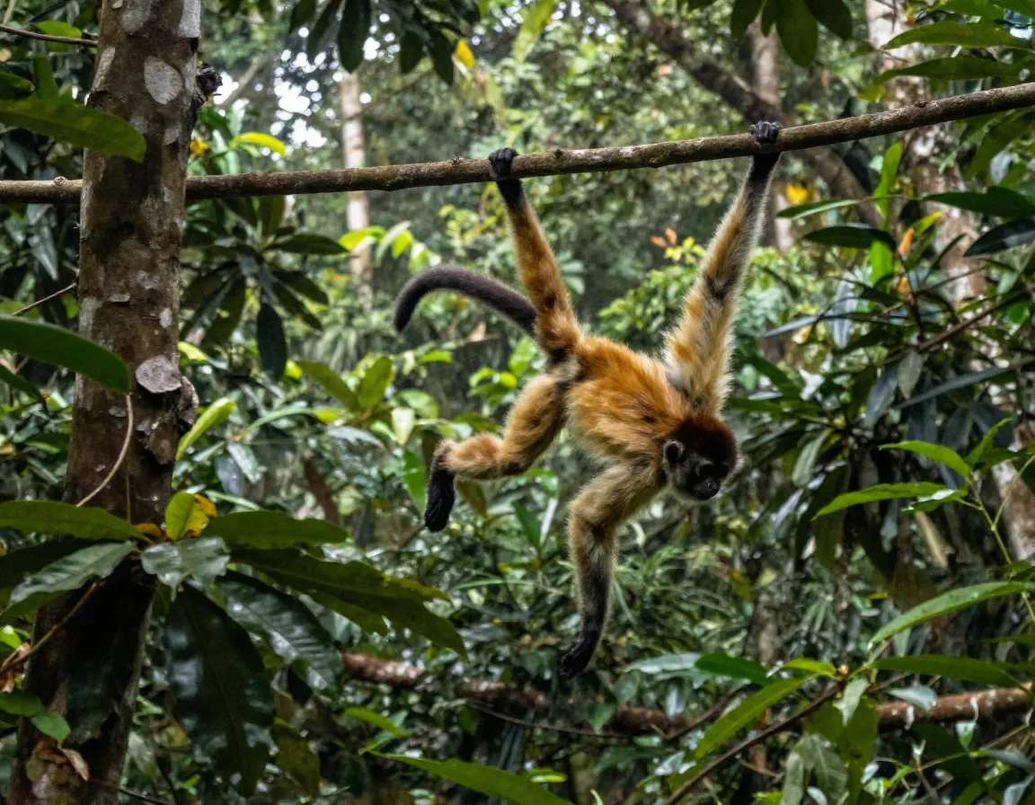 Spider monkey swinging through dense forest canopy gap
