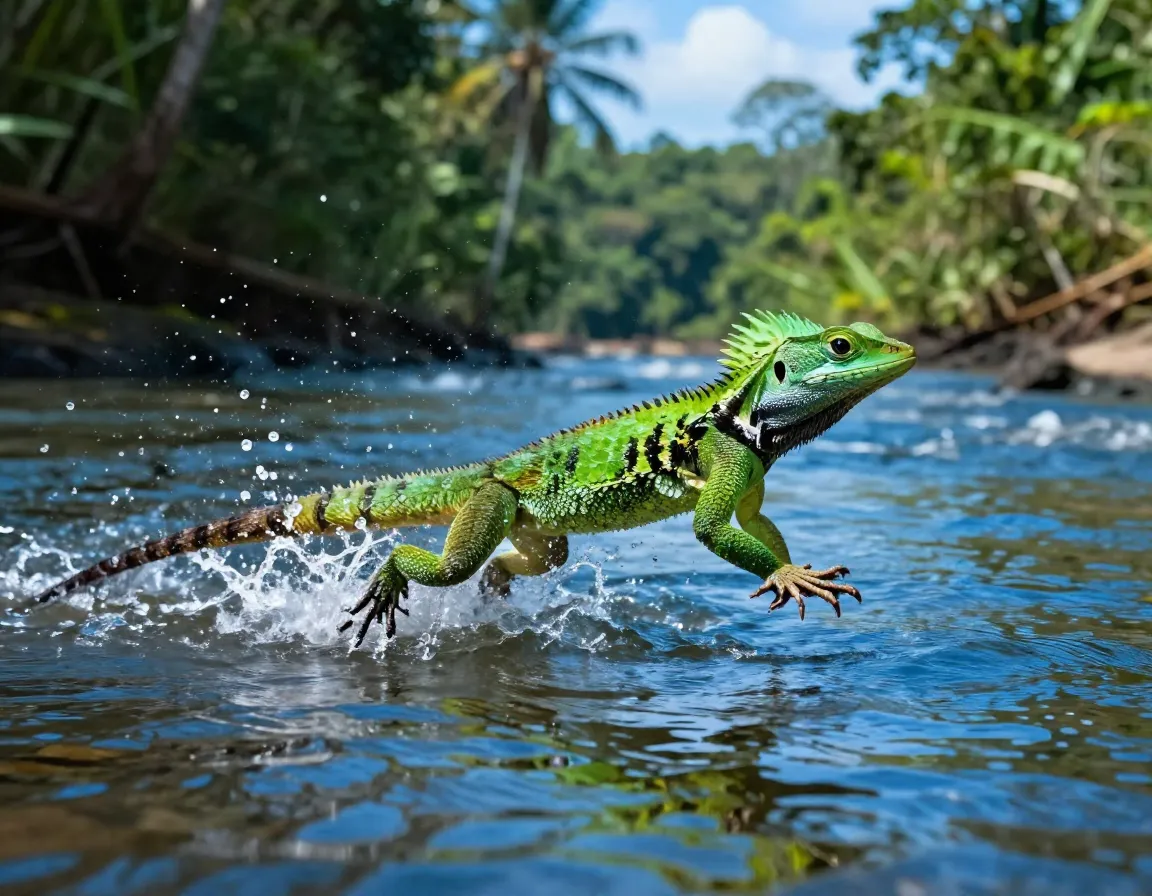 Green basilisk lizard running across river surface water