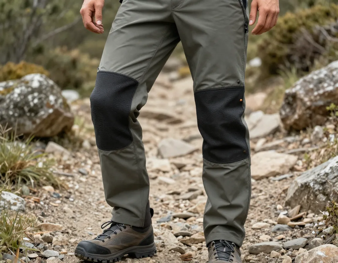 Modular hiking pants with replaceable knee panels on rugged trail