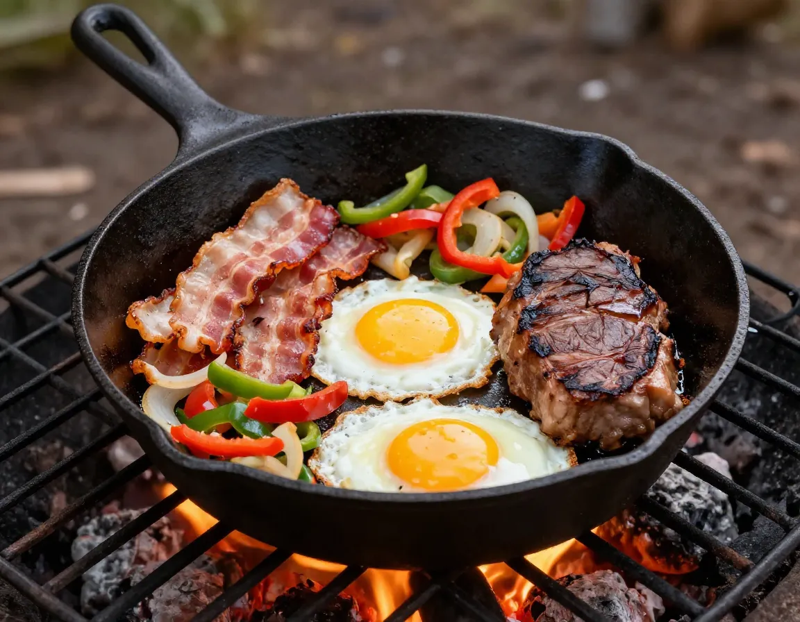 Cast iron skillet frying eggs bacon vegetables over fire