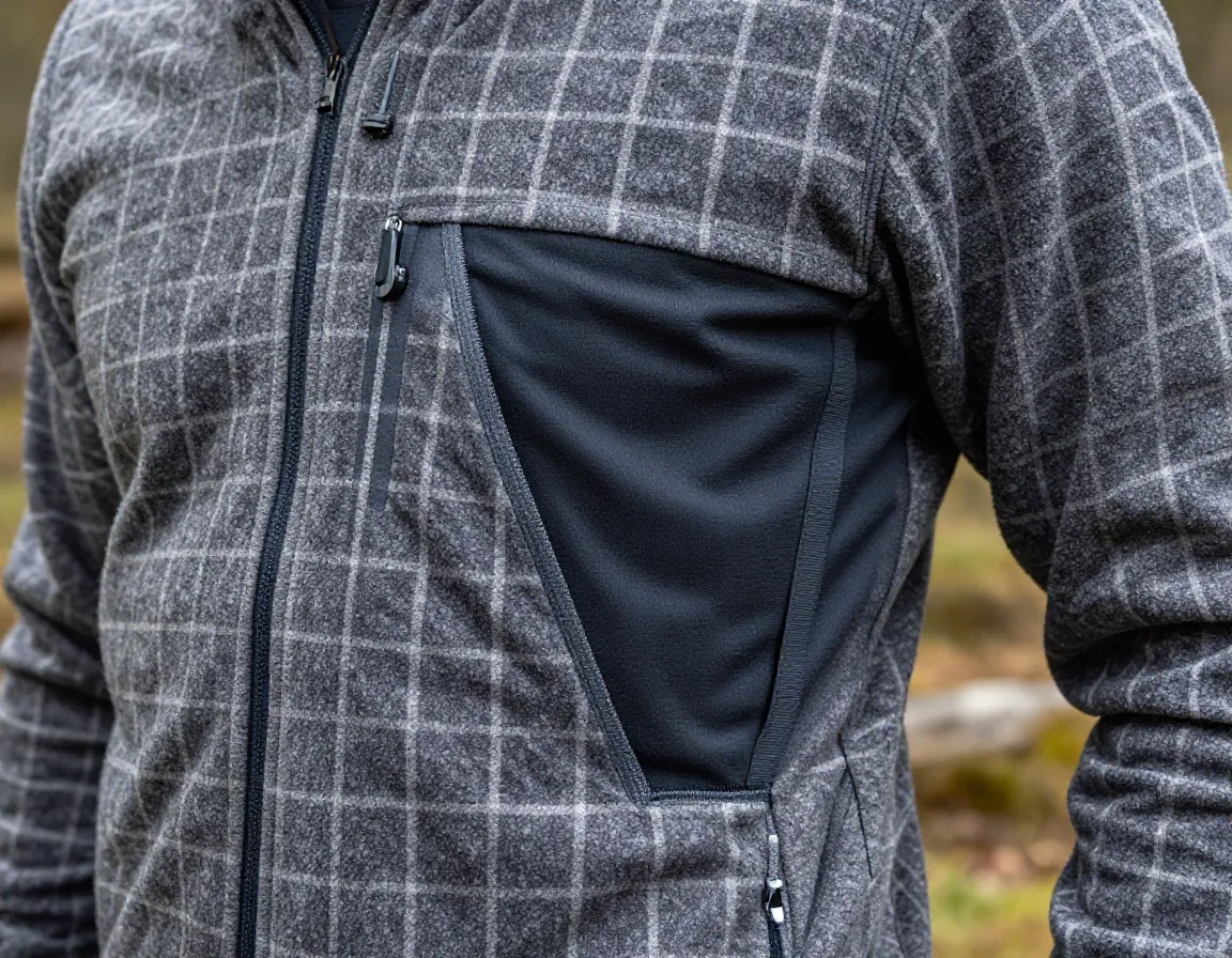 Fleece mid layer packed into its own pocket on cool hike