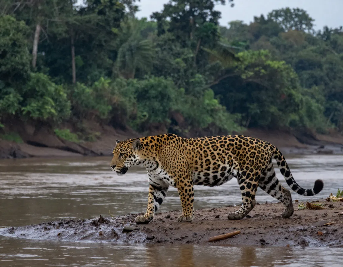 Jaguar walking along remote forest riverbank at dawn