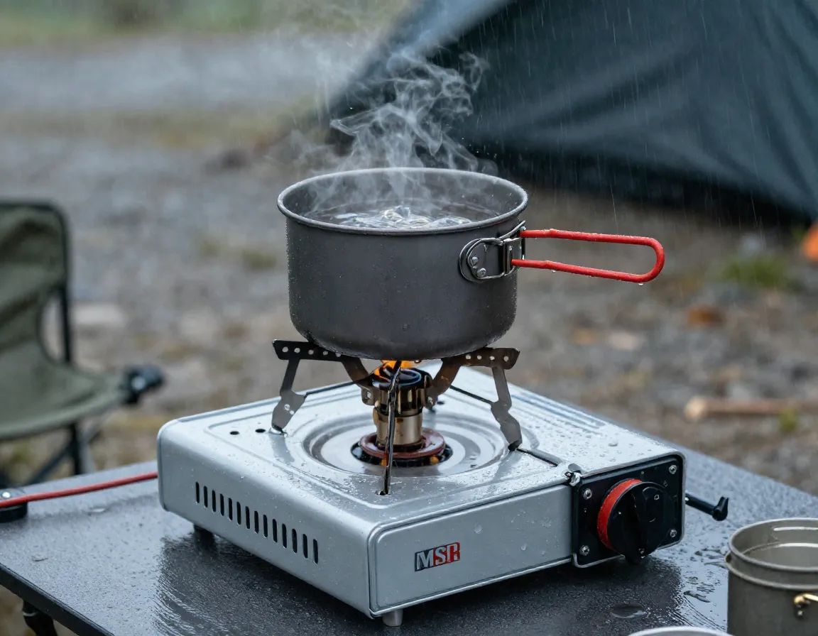 Portable camp stove boiling water in pot during rain