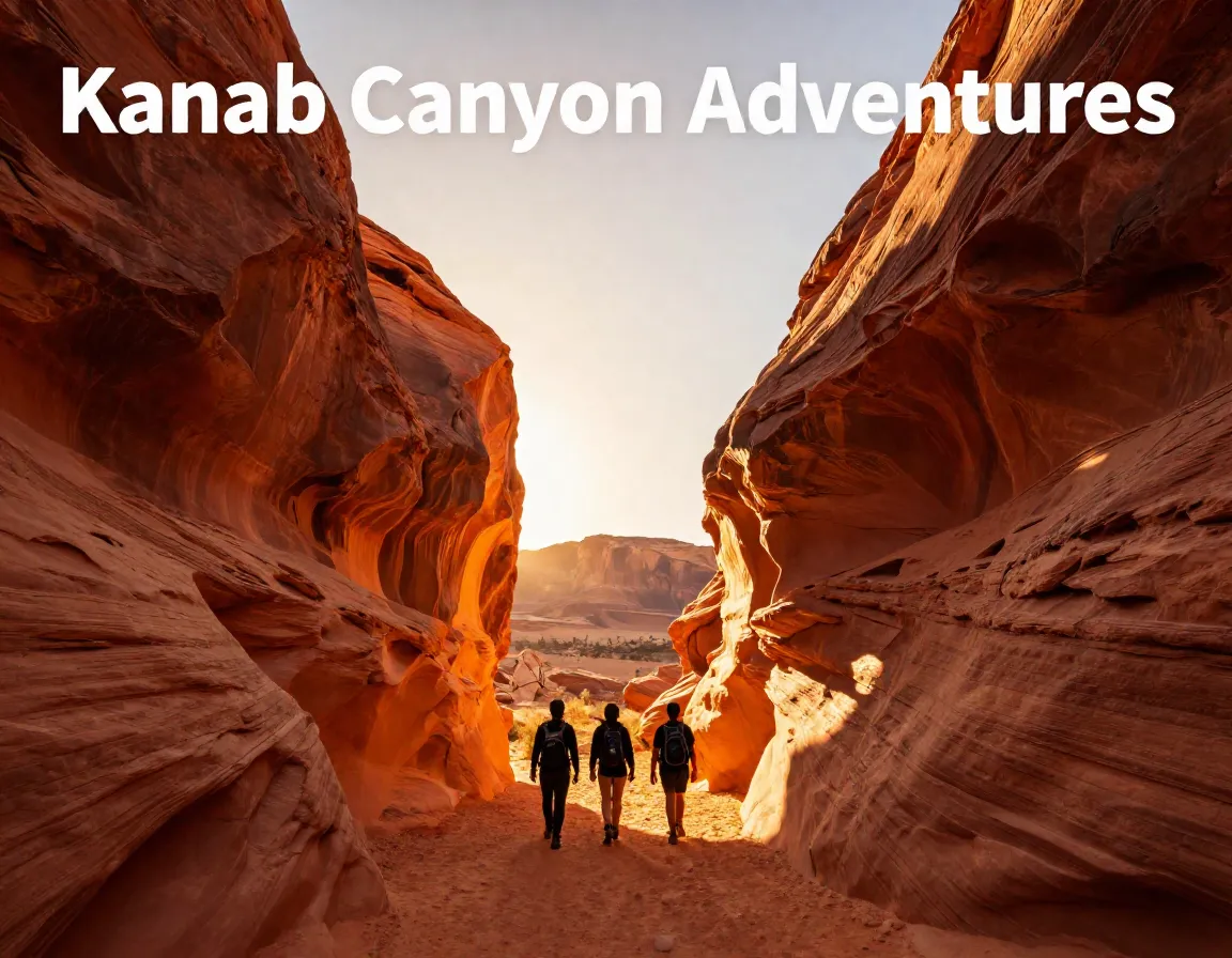 Three silhouetted hikers narrow orange slot canyon desert landscape