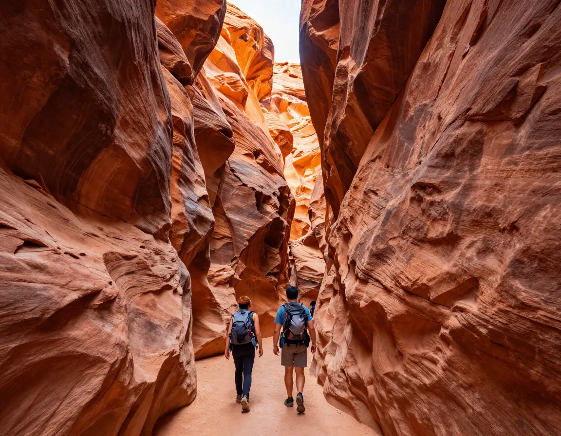 Hikers navigate towering orange sandstone walls in narrow buckskin gulch slot canyon